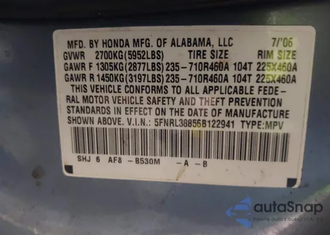2006 Honda Odyssey Touring from USA, damaged, VIN 5FNRL38856B122941